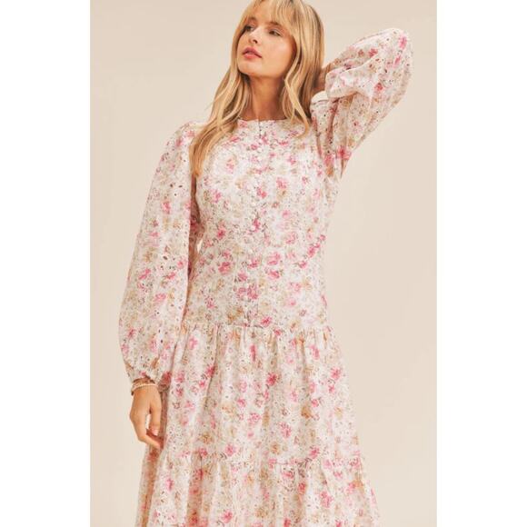 Just Me EVALYN Prairie Eyelet Lace Midi Dress in Pink Floral Size M NWOT $175 - Picture 4 of 6